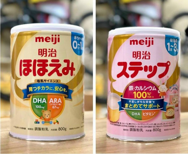 Sữa Meiji nội địa Nhật Bản số 0 (trái) và số 9 (phải) đóng trong lon thiếc 800g.