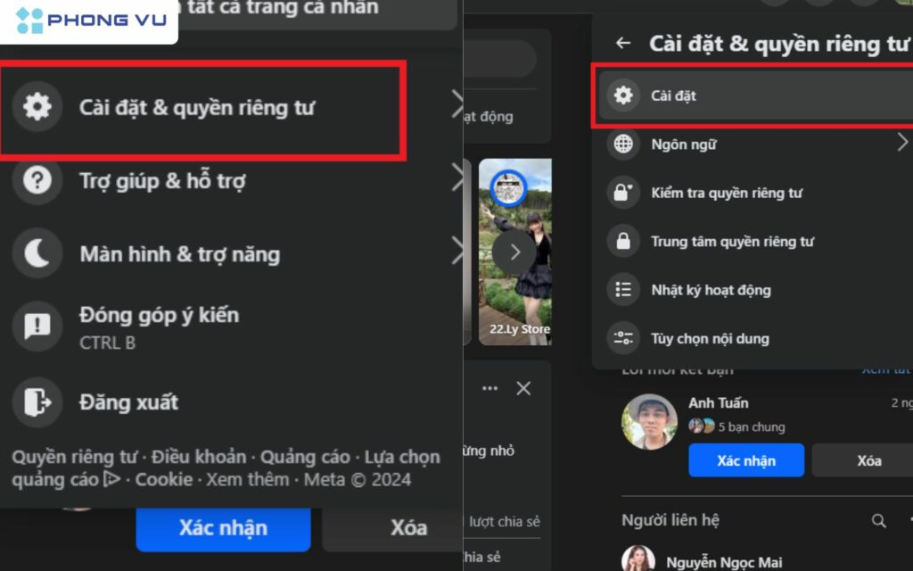Truy cập vào Cài đặt trong tài khoản Facebook của bạn