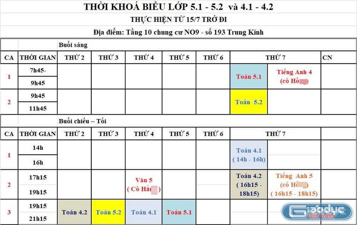 Lịch dạy thêm tại tầng 10, cho thấy sự đa dạng về môn học và giáo viên.